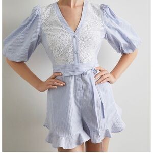 BCBGMaxAzria Blue and White Striped Romper with Puff Sleeves and Lace Details 8